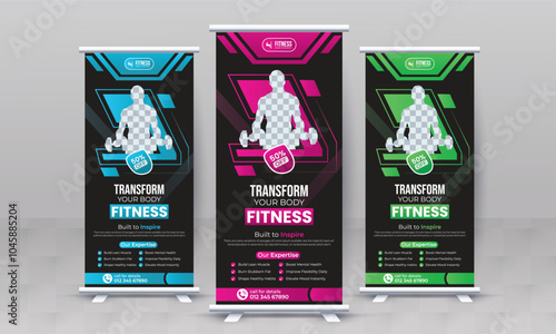Fitness gym creative standee x rollup banner design vector template retractable bodybuilding advertisement signage