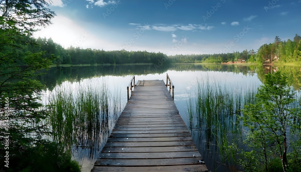 Tranquil Scandinavian summer lake view with a wooden dock and lush greenery in the background. Generative AI Tranquil Scandinavian summer lake view with a wooden dock and lush greenery in the background. Generative AI