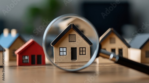 Miniature house models under a magnifying glass on a wooden surface