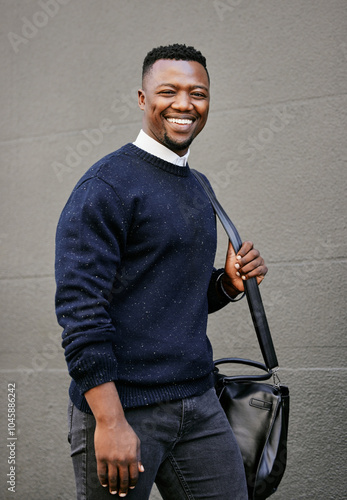 фотографія Happy, bag and portrait of businessman in city walking by wall for commuting to work