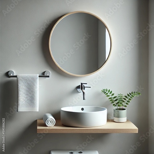 A minimalist aesthetic bathroom scene with a clean, modern design. A simple white ceramic sink with a sleek chrome faucet is mounted on a plain, light photo