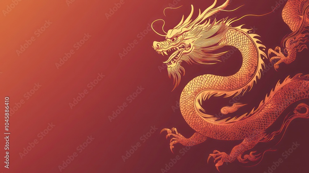 A golden dragon silhouette on a red background with copy space. A golden dragon silhouette on a red background with copy space.