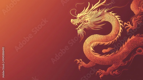 A golden dragon silhouette on a red background with copy space.