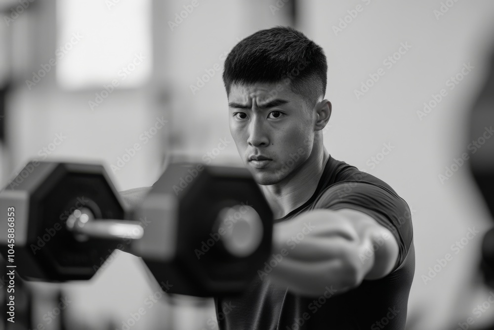 Intense Focus: Young Asian Man Executing Dumbbell Press in Gym, Showcasing Strength and Determination in Black and White Photography Intense Focus: Young Asian Man Executing Dumbbell Press in Gym, Showcasing Strength and Determination in Black and White Photography