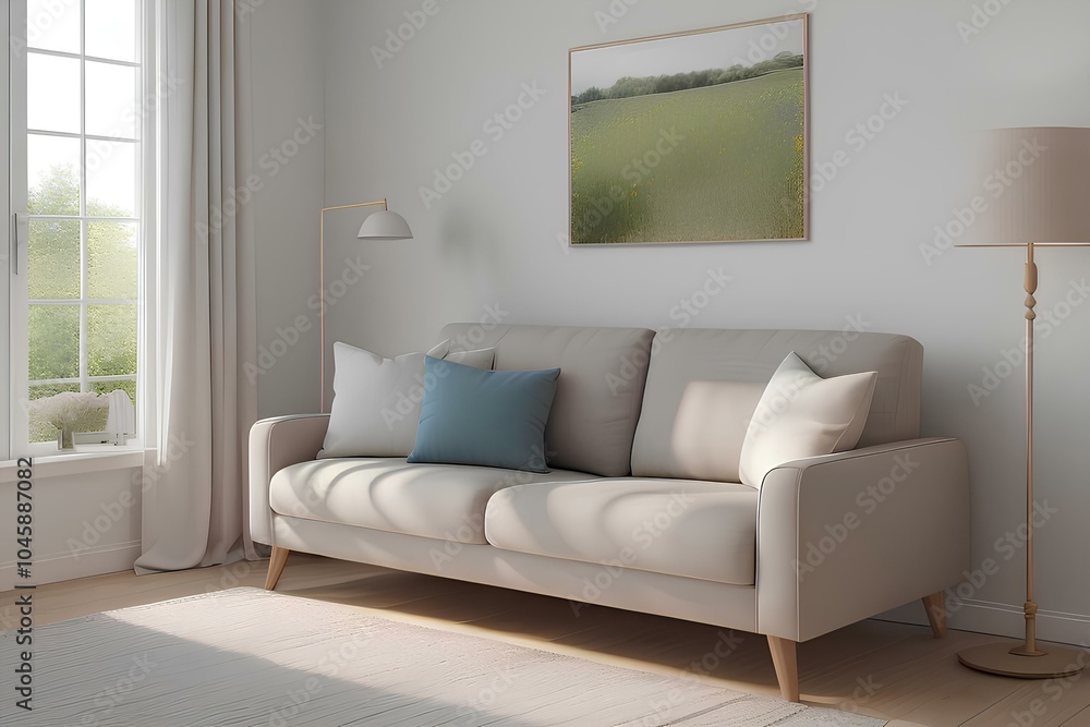 Fototapeta premium Dieses helle und einladende Wohnzimmer besticht durch sanfte Farbtöne und eine harmonische Gestaltung. Großzügige Fenster sorgen für reichlich Tageslicht, während die minimalistische Einrichtung eine 