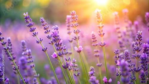 Soft focus image of lavender flowers bathed in sunlight with a blur background