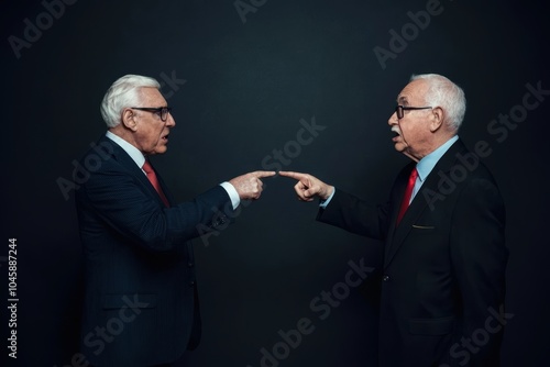 Two elderly men in suits pointing fingers at each other against a dark background photo