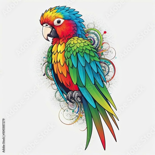 A colorful parrot with blue, green, red, and yellow feathers perches on a white background photo