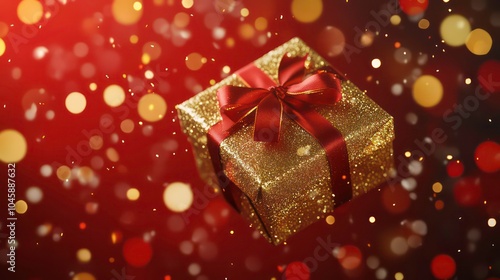 A golden gift box with a red ribbon floats against a bokeh background of red and gold circles.