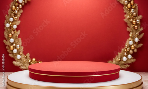 Empty podium on red background with Christmas decorations. Platform for product placement, montage, promotion, mock up with copy space. Super saturday sale, shopping day or christmas shopping. photo