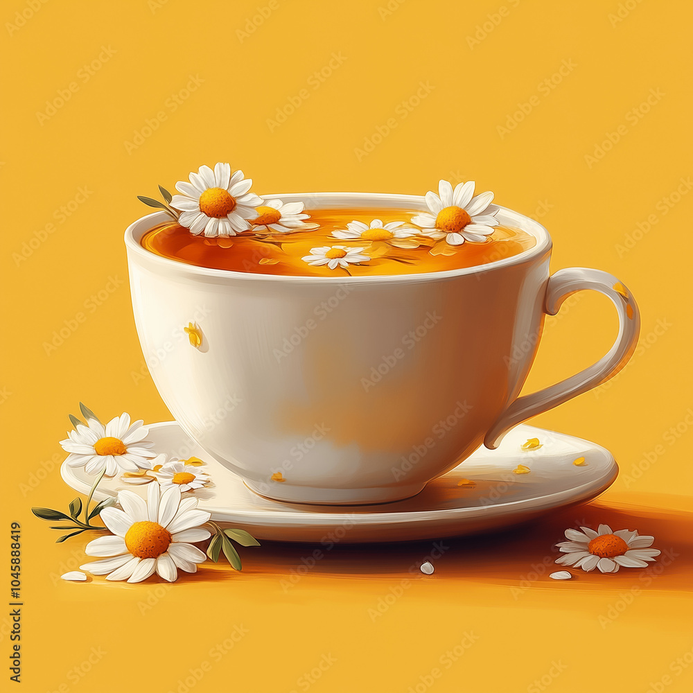 A white cup filled with chamomile tea, adorned with floating daisies on the surface. The cup sits on a matching saucer, surrounded by scattered chamomile flowers, set against a warm yellow background A white cup filled with chamomile tea, adorned with floating daisies on the surface. The cup sits on a matching saucer, surrounded by scattered chamomile flowers, set against a warm yellow background