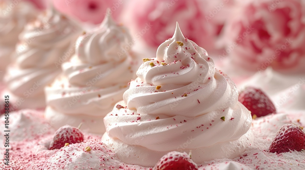 A close-up of a cupcake adorned with whipped cream and strawberries sits on a plate, surrounded by vibrant pink flowers in the backdrop A close-up of a cupcake adorned with whipped cream and strawberries sits on a plate, surrounded by vibrant pink flowers in the backdrop