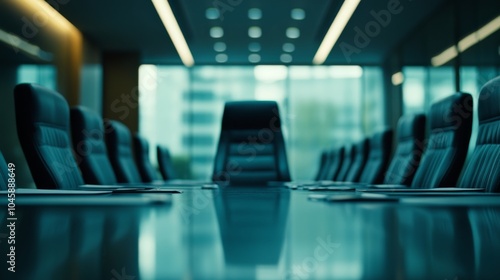 Modern corporate boardroom with sleek chairs and a central focus on an executive chair, illuminated by ambient lighting and glass walls. photo