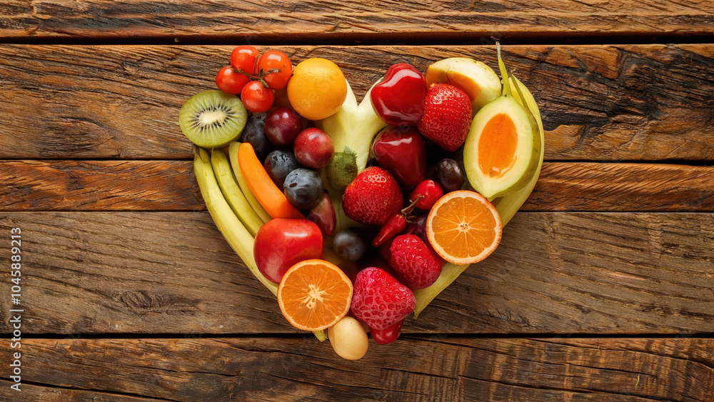 Heart-Shaped Fruit and Vegetable Arrangement on Rustic Wooden Table, Banner Top view, flat lay. Love Healthy food eating Heart-Shaped Fruit and Vegetable Arrangement on Rustic Wooden Table, Banner Top view, flat lay. Love Healthy food eating