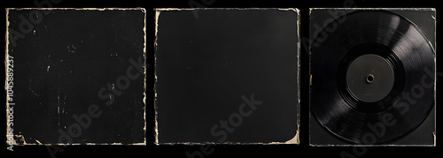 Set of Old Vinyl CD Record Cover Package Envelope Template Mock Up. Black Scratched Shabby Paper Cardboard Square Texture.