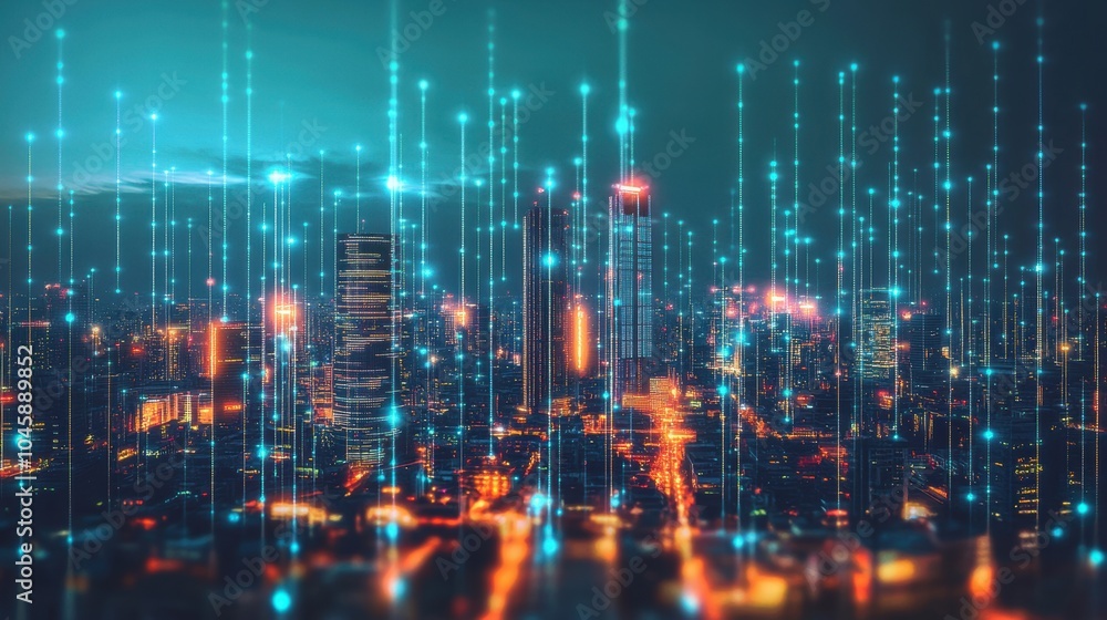 Futuristic cityscape with glowing data lines at night. Technology and smart city concept Futuristic cityscape with glowing data lines at night. Technology and smart city concept