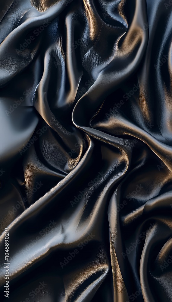 The smooth black satin fabric is elegantly draped, displaying its luxurious texture. Natural light enhances its sheen, creating captivating shadows and highlights across the surface. The smooth black satin fabric is elegantly draped, displaying its luxurious texture. Natural light enhances its sheen, creating captivating shadows and highlights across the surface.