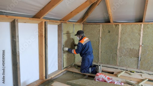 Insulation of a frame house with mineral wool. Cutting, fitting, laying insulation. Construction works.