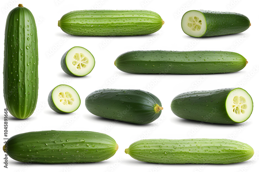 Cucumber whole cut set isolated white background healthy food organic vegetables concepts packaging advertisement eco graphic design object 3d studio photoshoot Cucumber whole cut set isolated white background healthy food organic vegetables concepts packaging advertisement eco graphic design object 3d studio photoshoot