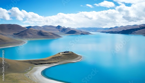 Lake Yang, a scenic masterpiece in Tibet with azure sky. photo