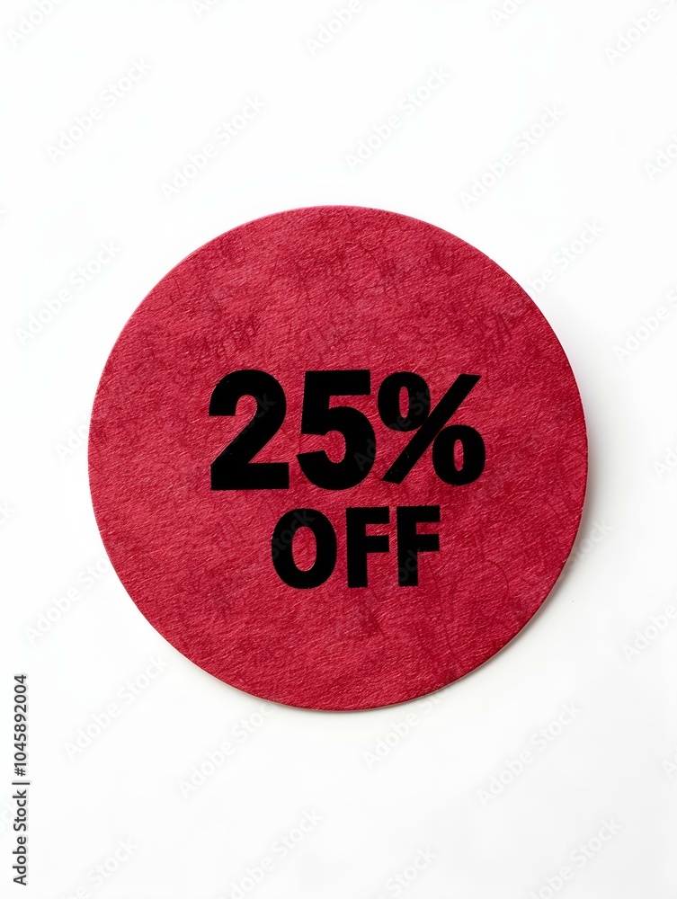 Black '25% OFF' Text on a Ruby Round Paper Note. White Background Black '25% OFF' Text on a Ruby Round Paper Note. White Background