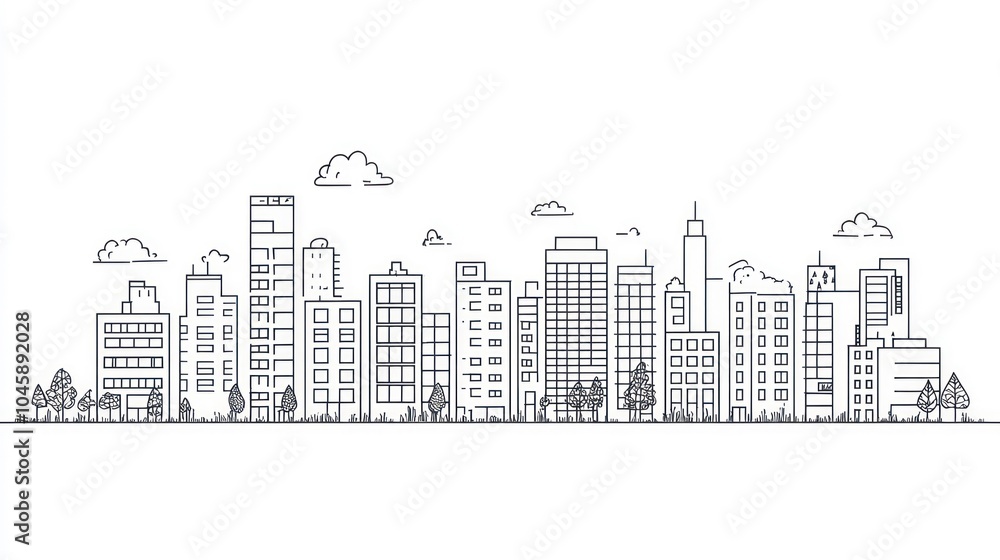 Simple line art illustration of a cityscape with buildings, trees, and clouds. Simple line art illustration of a cityscape with buildings, trees, and clouds.