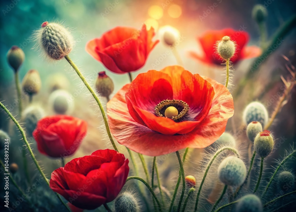 Obraz premium Vintage Red Poppy Flowers with Cocoon in Soft Focus Background for Nature Photography