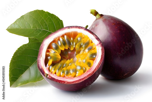 Fresh ripe passion fruit whole seeds half cut black white background food advertising mockup template isolated element fruits tropical studio photo shoot 3d