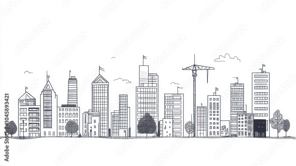 Hand drawn sketch of a city skyline with buildings, trees, and a crane. Hand drawn sketch of a city skyline with buildings, trees, and a crane.