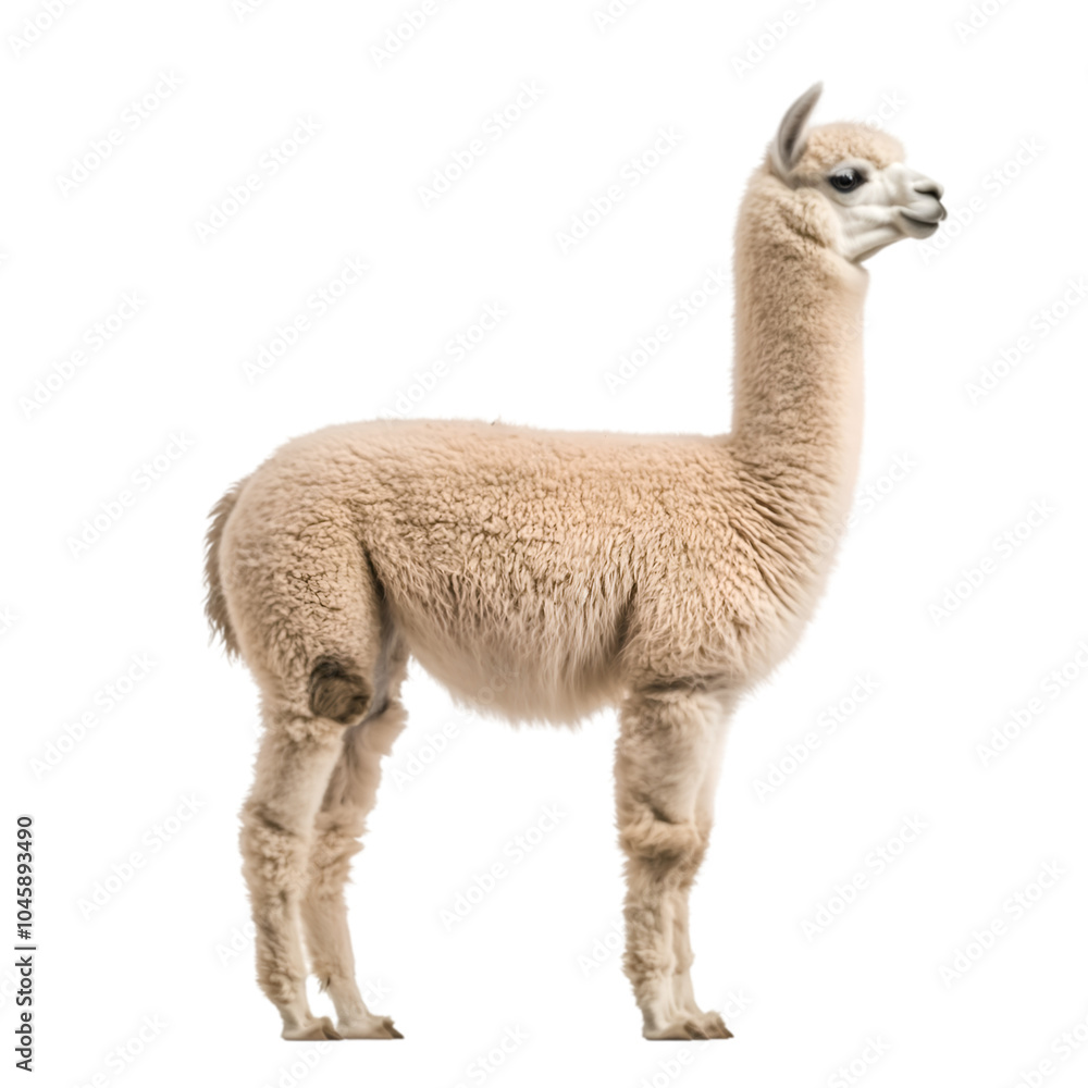 Obraz premium Curious alpaca profile view from the side, isolated on a transparent background. Showcases the alpaca's fluffy fleece and gentle expression for wildlife and farm animal illustrations.