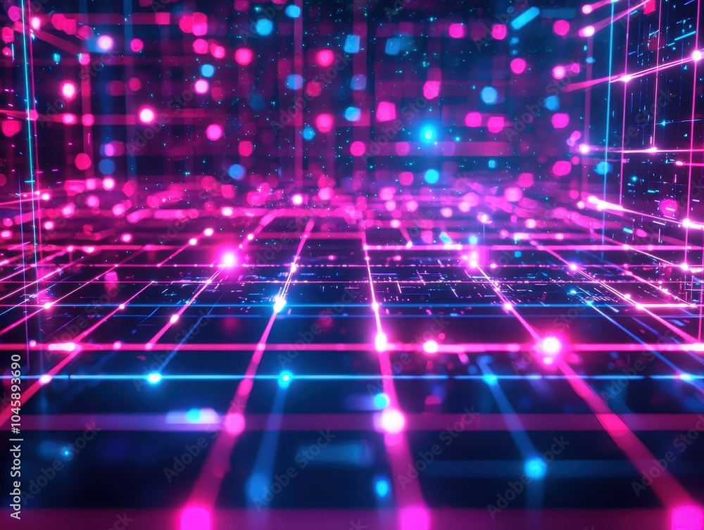 Obraz premium Futuristic digital grid with vibrant neon lights and glowing particles, creating a captivating tech-inspired abstract visual.