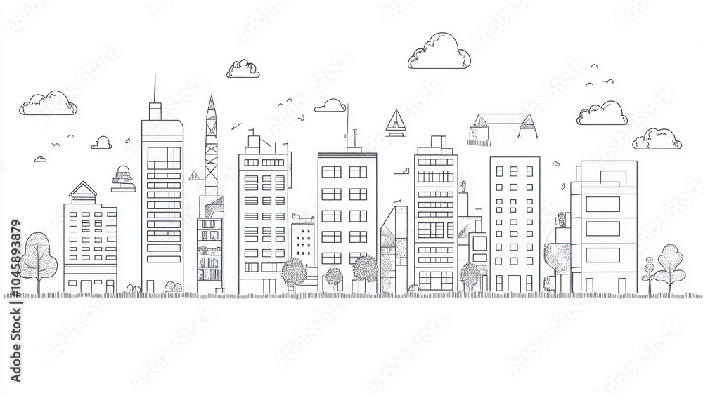 A line drawing illustration of a cityscape with buildings, trees, clouds, and birds. A line drawing illustration of a cityscape with buildings, trees, clouds, and birds.