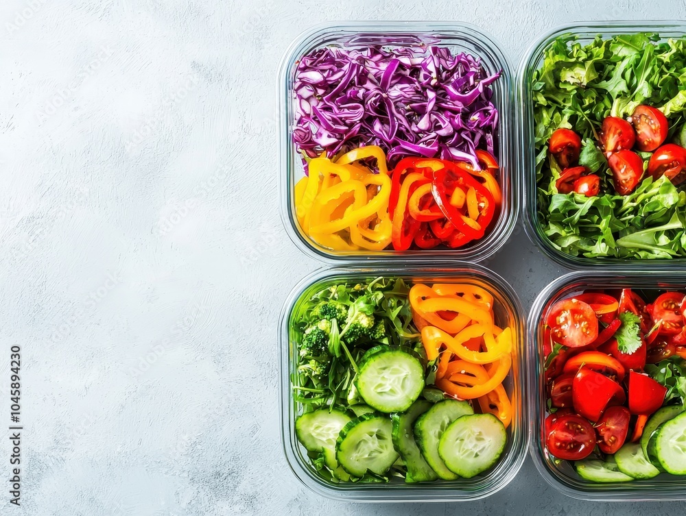 Healthy meal prep containers with fresh vegetables, including bell pepper, cucumber, tomato, and leafy greens on a light background. Healthy meal prep containers with fresh vegetables, including bell pepper, cucumber, tomato, and leafy greens on a light background.