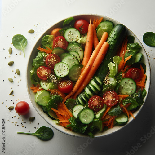 Fresh Vegetable Salad with Cucumbers, Tomatoes, and Lettuce – Healthy Summer Salad with Olive Oil Dressing photo