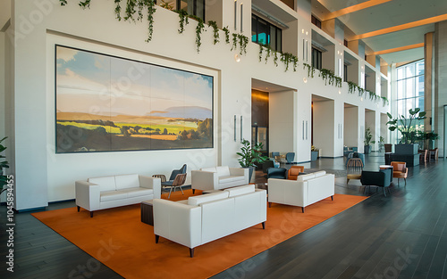 White sofas and an orange rug in a modern lobby with a large landscape painting 