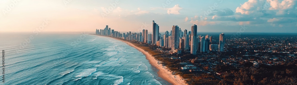 Fototapeta premium A breathtaking panoramic view of a vibrant coastal city skyline with ocean waves, sandy beach, and urban skyscrapers under a clear blue sky.