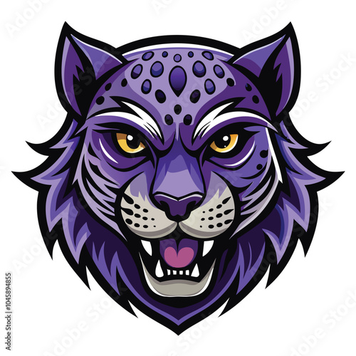 Purple Feline Head,  Wild Cat Portrait,  Angry Animal Illustration