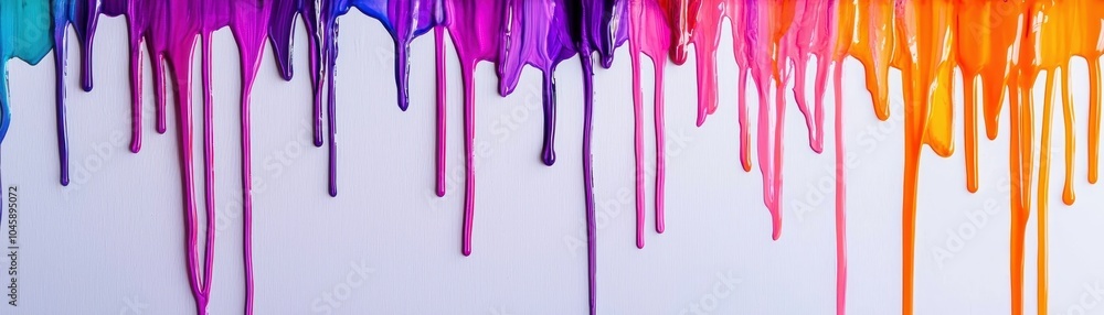 Naklejka premium Colorful paint drippings create a vibrant abstract background with shades of purple, blue, pink, and orange flowing down a white surface.