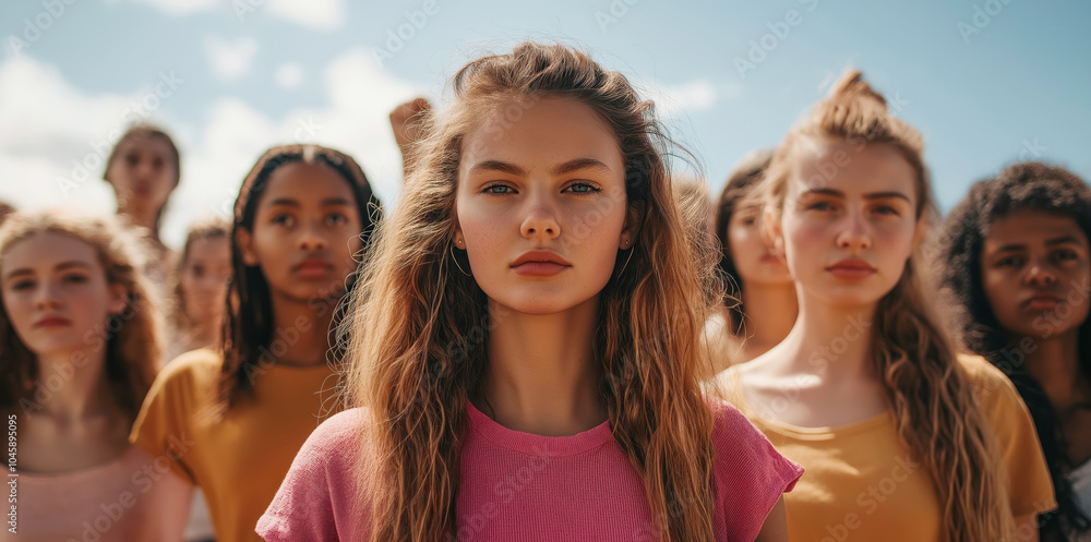 Fototapeta premium group of diverse young women raising fists in solidarity, empowerment, outdoor, sunset, friendship, strong together