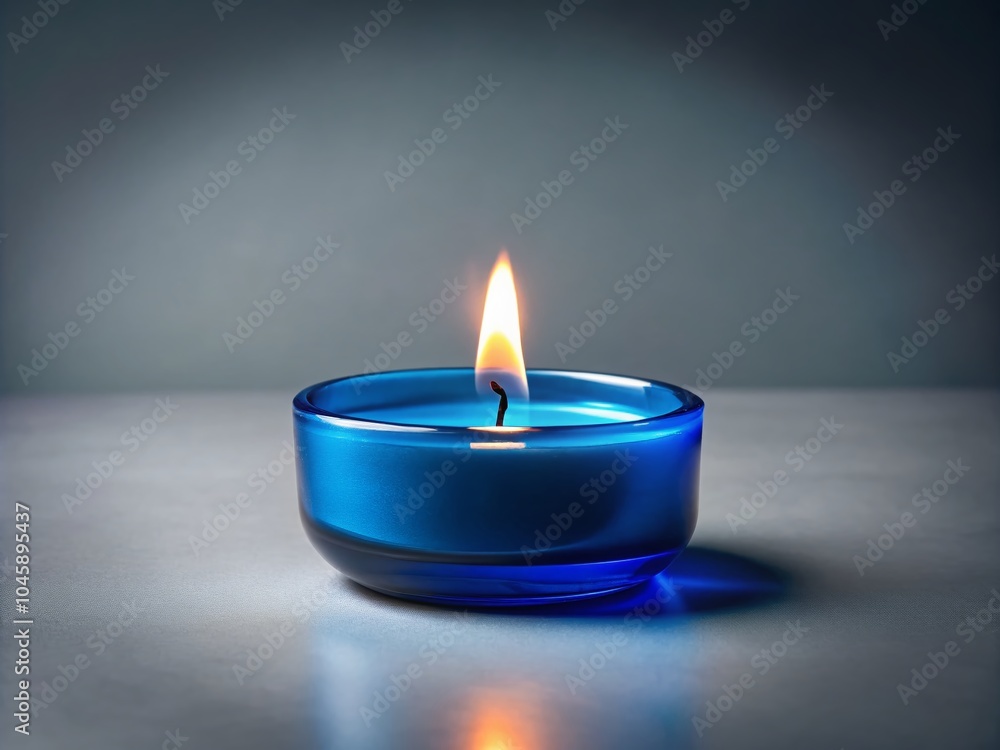 Warm Light from Small Blue Candle on Gray Background for Cozy Atmosphere Warm Light from Small Blue Candle on Gray Background for Cozy Atmosphere