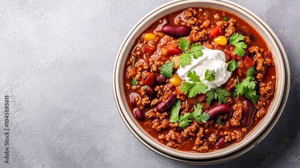 Chili con carne with sour cream and cilantro Chili con carne with sour cream and cilantro