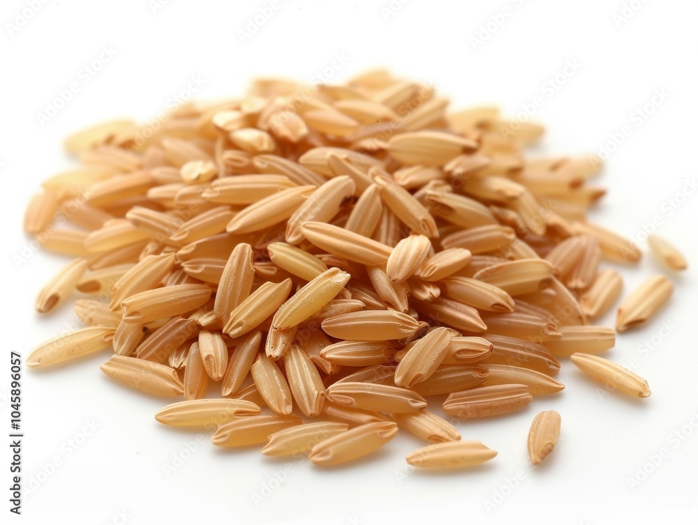 A close-up of uncooked brown rice grains on a white background A close-up of uncooked brown rice grains on a white background