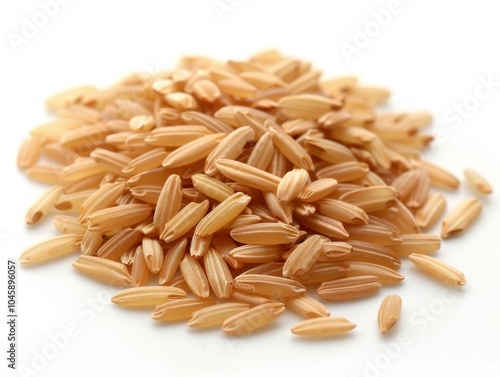 A close-up of uncooked brown rice grains on a white background