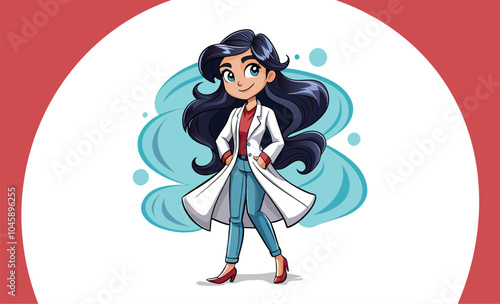 Vector of a smiling girl with wavy hair wearing a lab coat.