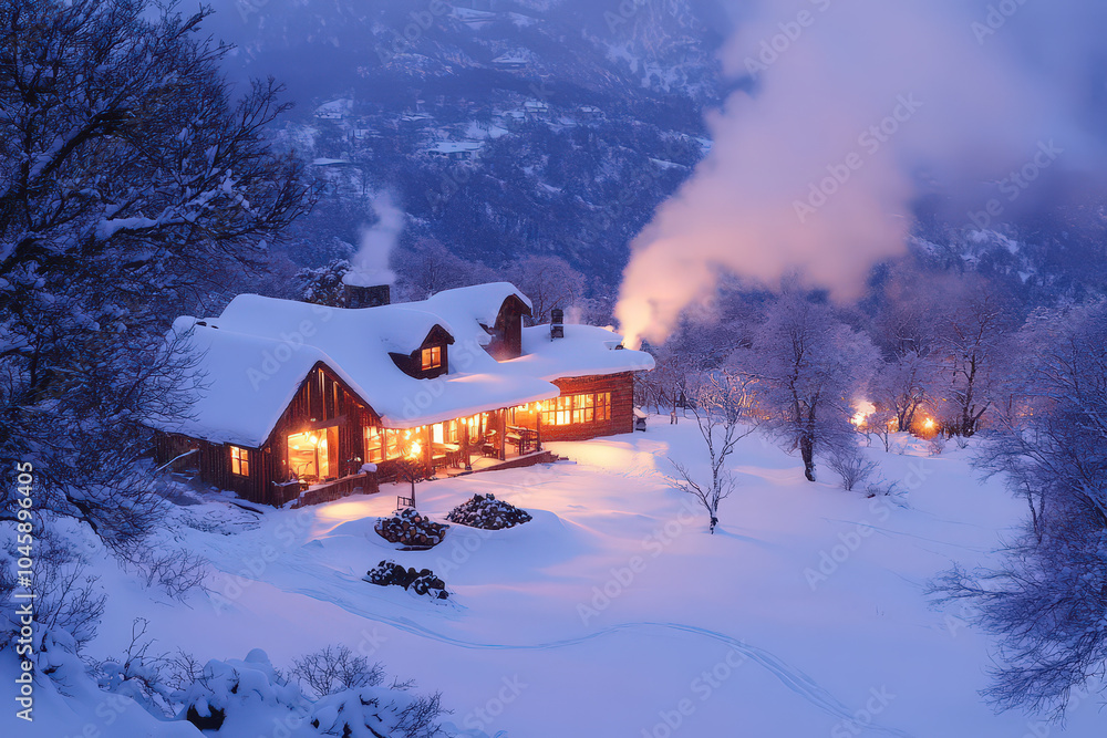 Warm wooden chalet with smoke rising from chimney in snow covered mountain landscape Warm wooden chalet with smoke rising from chimney in snow covered mountain landscape