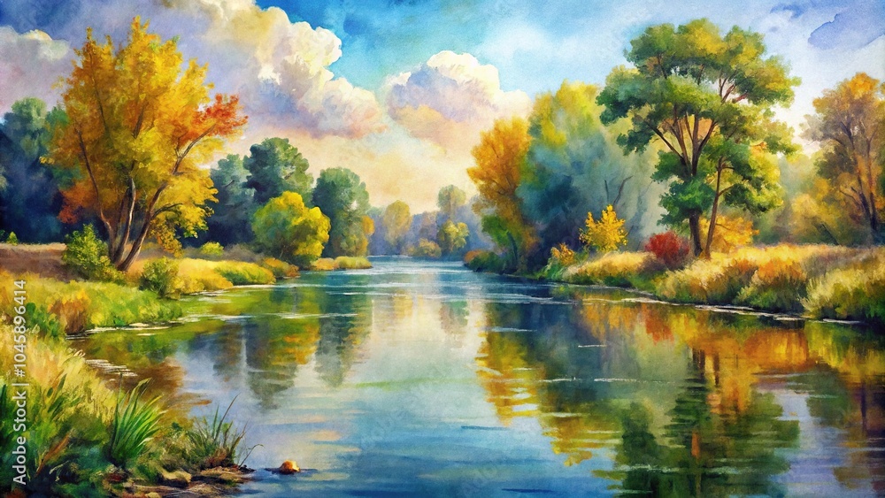 Obraz premium Watercolor painting, river landscape, impressionist style, close-up