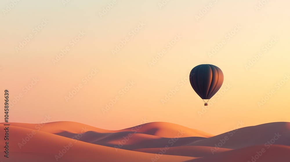 A hot air balloon floating over a desert landscape, surrounded by golden sand dunes and clear blue skies above A hot air balloon floating over a desert landscape, surrounded by golden sand dunes and clear blue skies above