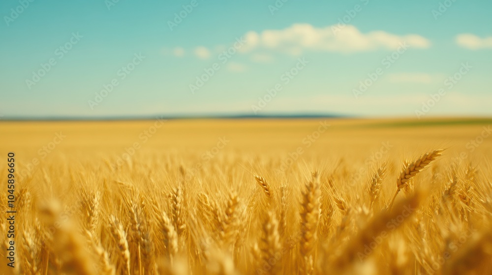 Obraz premium Golden wheat fields stretch under a clear blue sky, evoking a sense of abundance and tranquility, AI