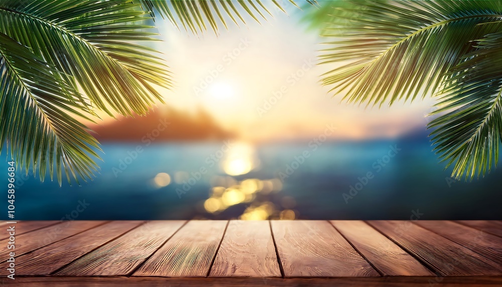 Tranquil wooden table framed by tropical palm leaves by a serene ocean at sunset. Generative AI Tranquil wooden table framed by tropical palm leaves by a serene ocean at sunset. Generative AI
