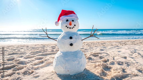 Festive Florida Sandy Snowman and Santa Claus Themed Beach Christmas photo